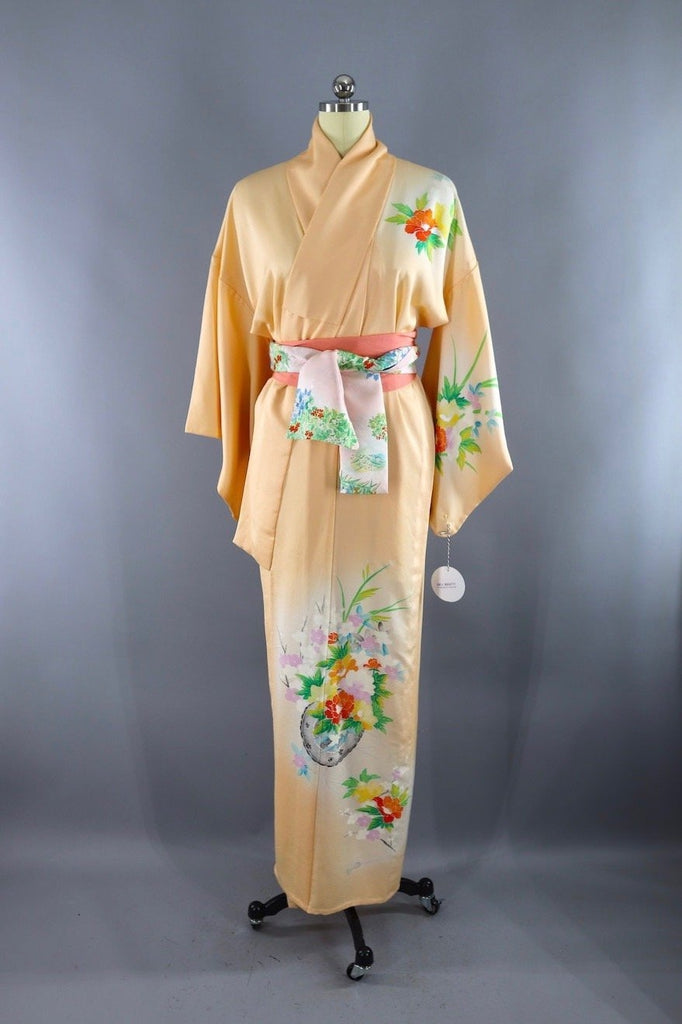 Vintage Silk Kimono Robe / Apricot Floral Print - ThisBlueBird