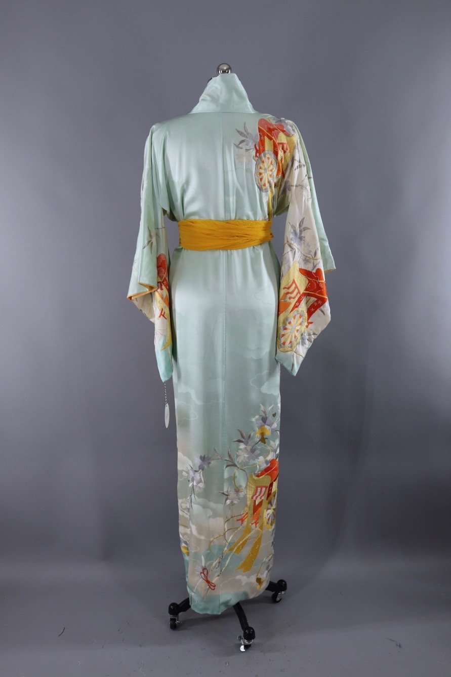 Vintage Silk Kimono Robe / Aqua Blue Satin Embroidery - ThisBlueBird