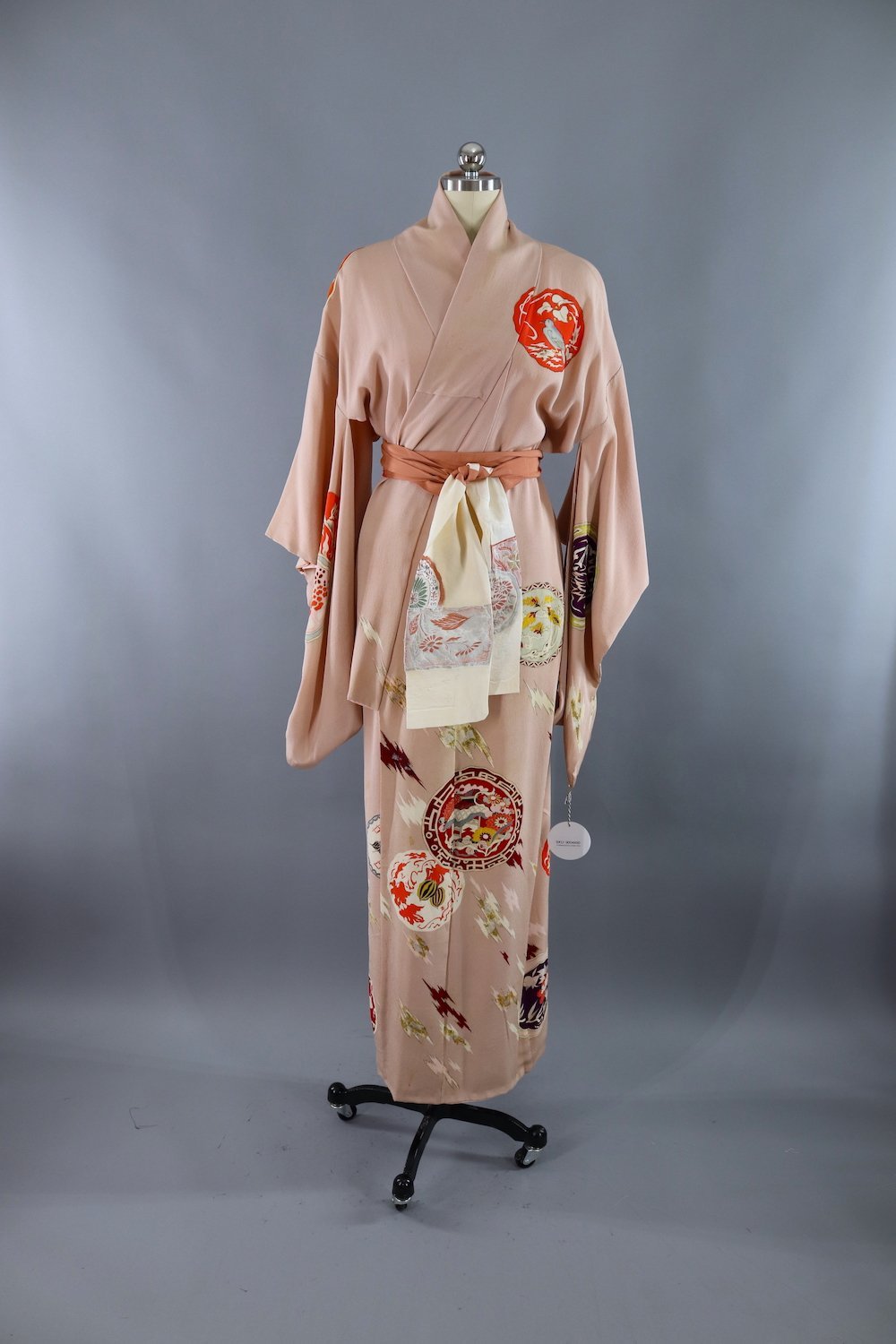 Vintage Silk Kimono Robe / Art Deco Pink Taupe Birds Print - ThisBlueBird