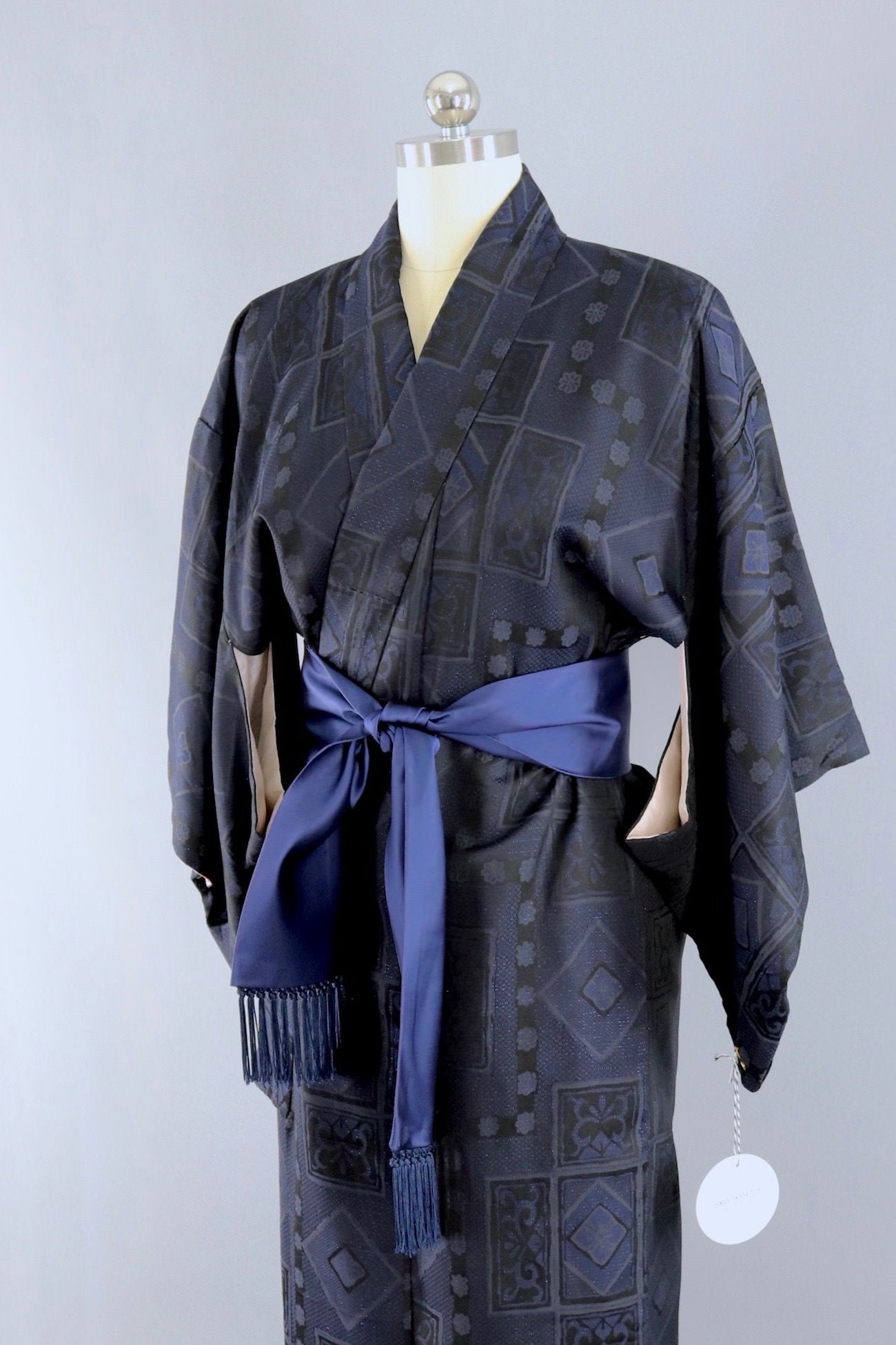Vintage Silk Kimono Robe / Black and Blue Metallic Omeshi - ThisBlueBird