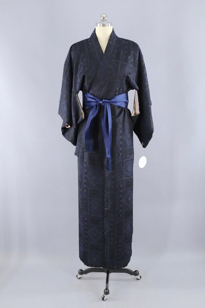 Vintage Silk Kimono Robe / Black and Blue Metallic Omeshi - ThisBlueBird