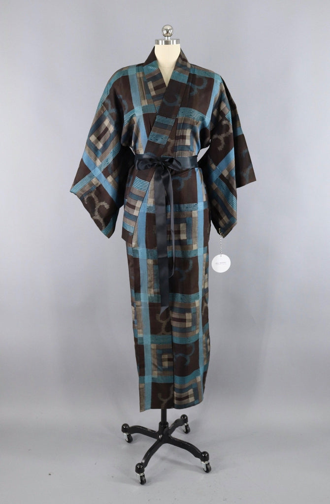Vintage Silk Kimono Robe - Black and Blue Plaid Ikat - ThisBlueBird