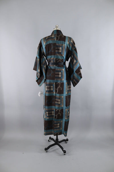 Vintage Silk Kimono Robe - Black and Blue Plaid Ikat - ThisBlueBird