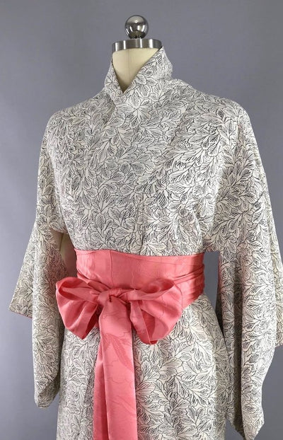 Vintage Silk Kimono Robe / Black and White Leaves - ThisBlueBird