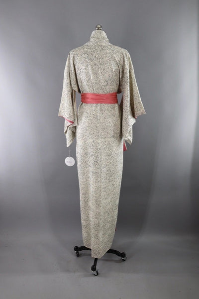 Vintage Silk Kimono Robe / Black and White Leaves - ThisBlueBird