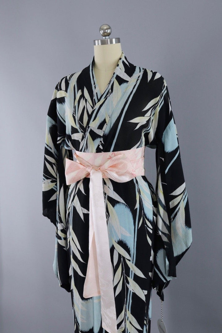 Vintage Silk Kimono Robe / Black &amp; Blue Leaves Print / 1920s 1930s - ThisBlueBird