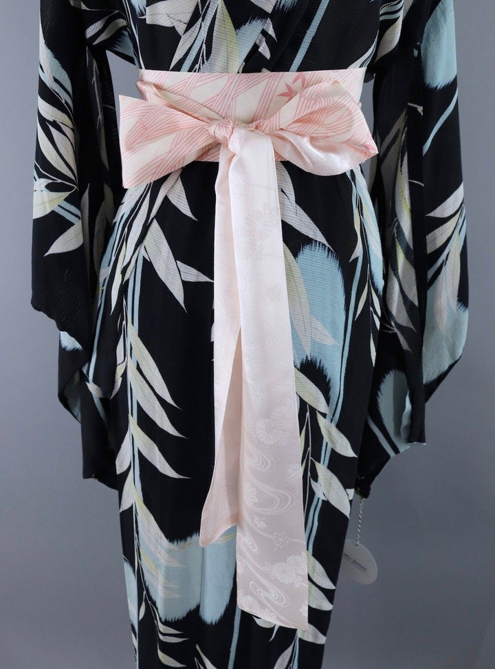 Vintage Silk Kimono Robe / Black &amp; Blue Leaves Print / 1920s 1930s - ThisBlueBird
