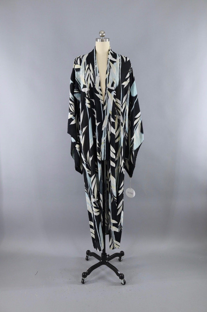 Vintage Silk Kimono Robe / Black &amp; Blue Leaves Print / 1920s 1930s - ThisBlueBird