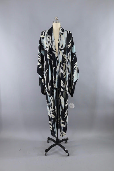 Vintage Silk Kimono Robe / Black & Blue Leaves Print / 1920s 1930s - ThisBlueBird
