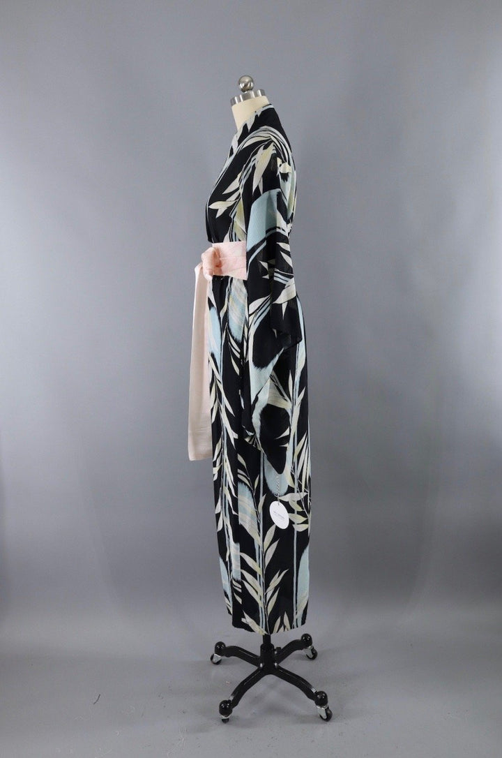 Vintage Silk Kimono Robe / Black &amp; Blue Leaves Print / 1920s 1930s - ThisBlueBird
