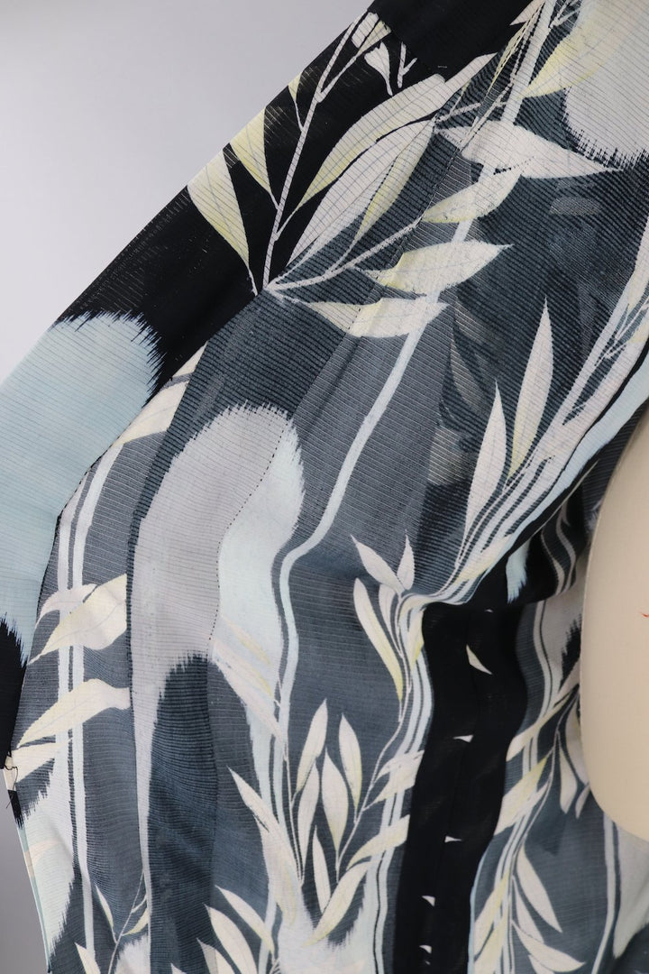 Vintage Silk Kimono Robe / Black &amp; Blue Leaves Print / 1920s 1930s - ThisBlueBird