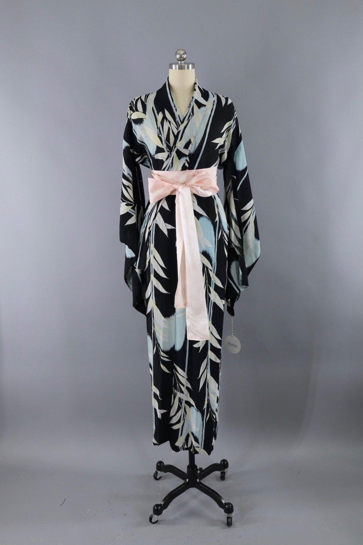 Vintage Silk Kimono Robe / Black &amp; Blue Leaves Print / 1920s 1930s - ThisBlueBird
