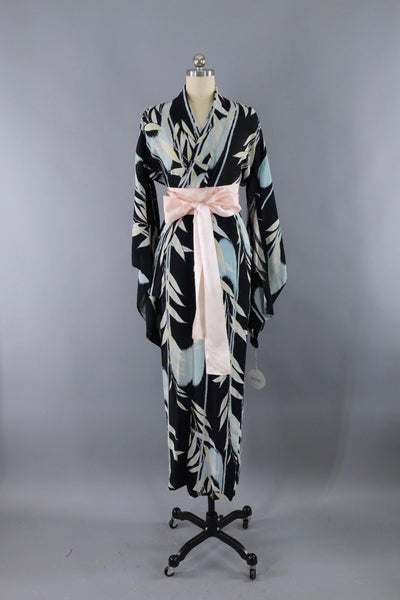 Vintage Silk Kimono Robe / Black & Blue Leaves Print / 1920s 1930s - ThisBlueBird