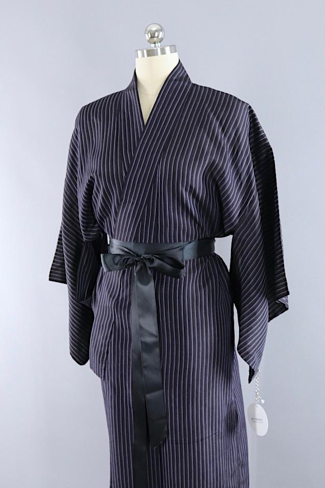 Vintage Silk Kimono Robe / Black & Blue Pinstripes - ThisBlueBird