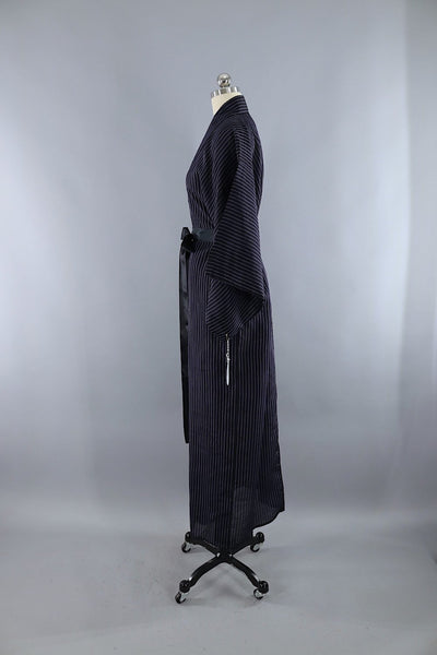 Vintage Silk Kimono Robe / Black & Blue Pinstripes - ThisBlueBird