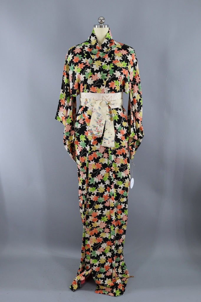 Vintage Silk Kimono Robe / Black Maple Leaf Print-ThisBlueBird - Modern Vintage
