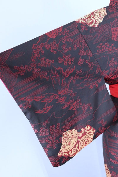 Vintage Silk Kimono Robe / Black & Red Embroidered Floral-ThisBlueBird - Modern Vintage