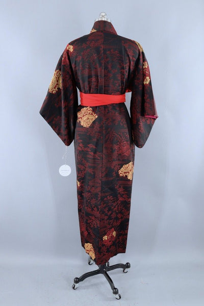Vintage Silk Kimono Robe / Black & Red Embroidered Floral-ThisBlueBird - Modern Vintage