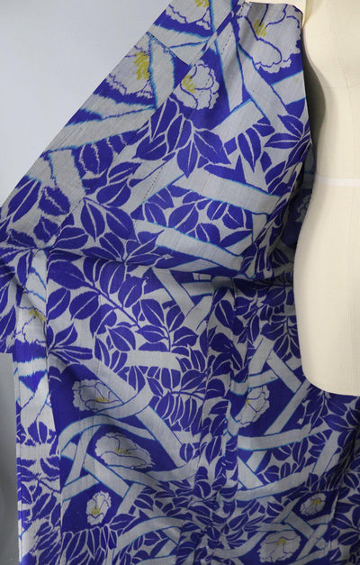Vintage Silk Kimono Robe / Blue and Grey Meisen Floral Print - ThisBlueBird