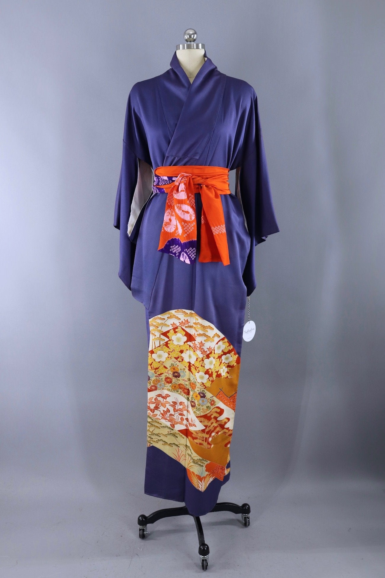Vintage Silk Kimono Robe / Blue and Orange Floral - ThisBlueBird