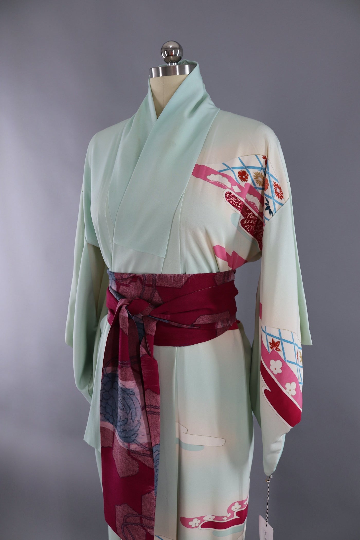 Vintage Silk Kimono Robe - Blue and Pink Floral Clouds - ThisBlueBird