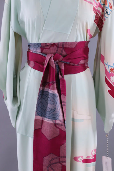Vintage Silk Kimono Robe - Blue and Pink Floral Clouds - ThisBlueBird