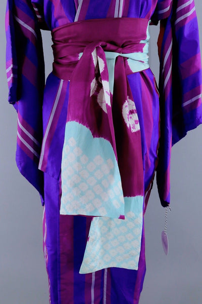 Vintage Silk Kimono Robe / Blue and Purple Stripes - ThisBlueBird