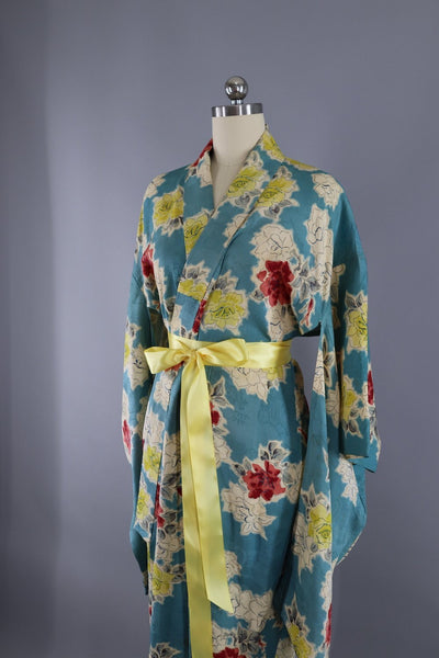 Vintage Silk Kimono Robe - Blue and Yellow Floral Print - ThisBlueBird