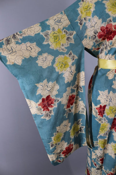 Vintage Silk Kimono Robe - Blue and Yellow Floral Print - ThisBlueBird