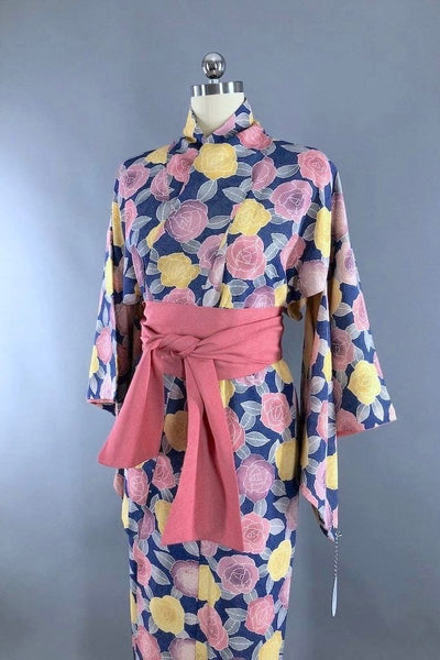 Vintage Deco Roses Silk Kimono Robe-ThisBlueBird
