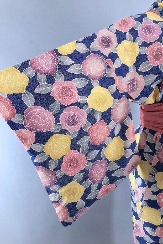 Vintage Deco Roses Silk Kimono Robe-ThisBlueBird