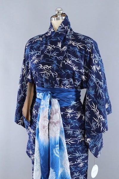 Vintage Silk Kimono Robe / Blue Bamboo Print - ThisBlueBird