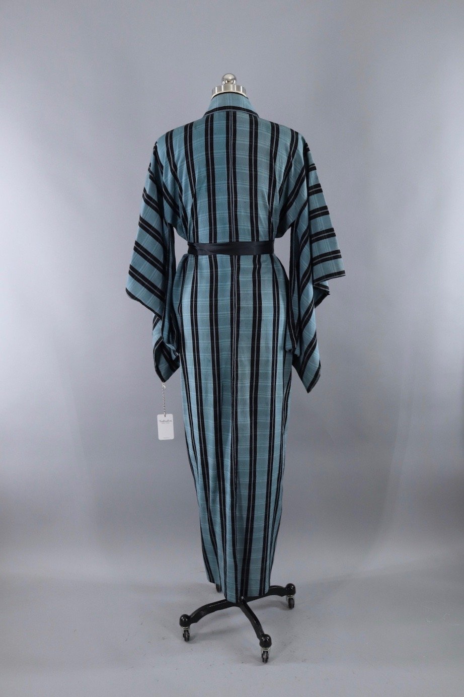 Vintage Silk Kimono Robe / Blue & Black Plaid - ThisBlueBird