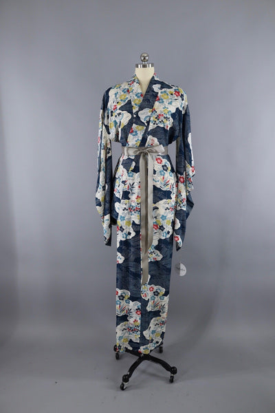 Vintage Silk Kimono Robe - Blue Floral Print - ThisBlueBird