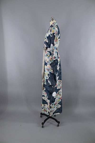 Vintage Silk Kimono Robe - Blue Floral Print - ThisBlueBird