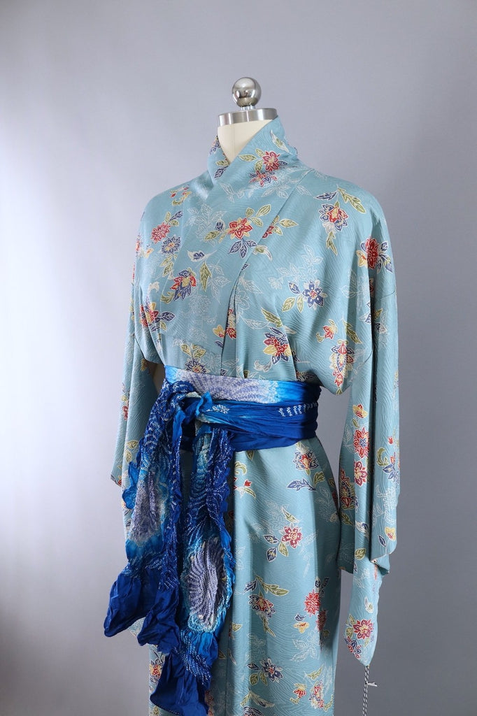 Vintage Silk Kimono Robe / Blue Floral - ThisBlueBird