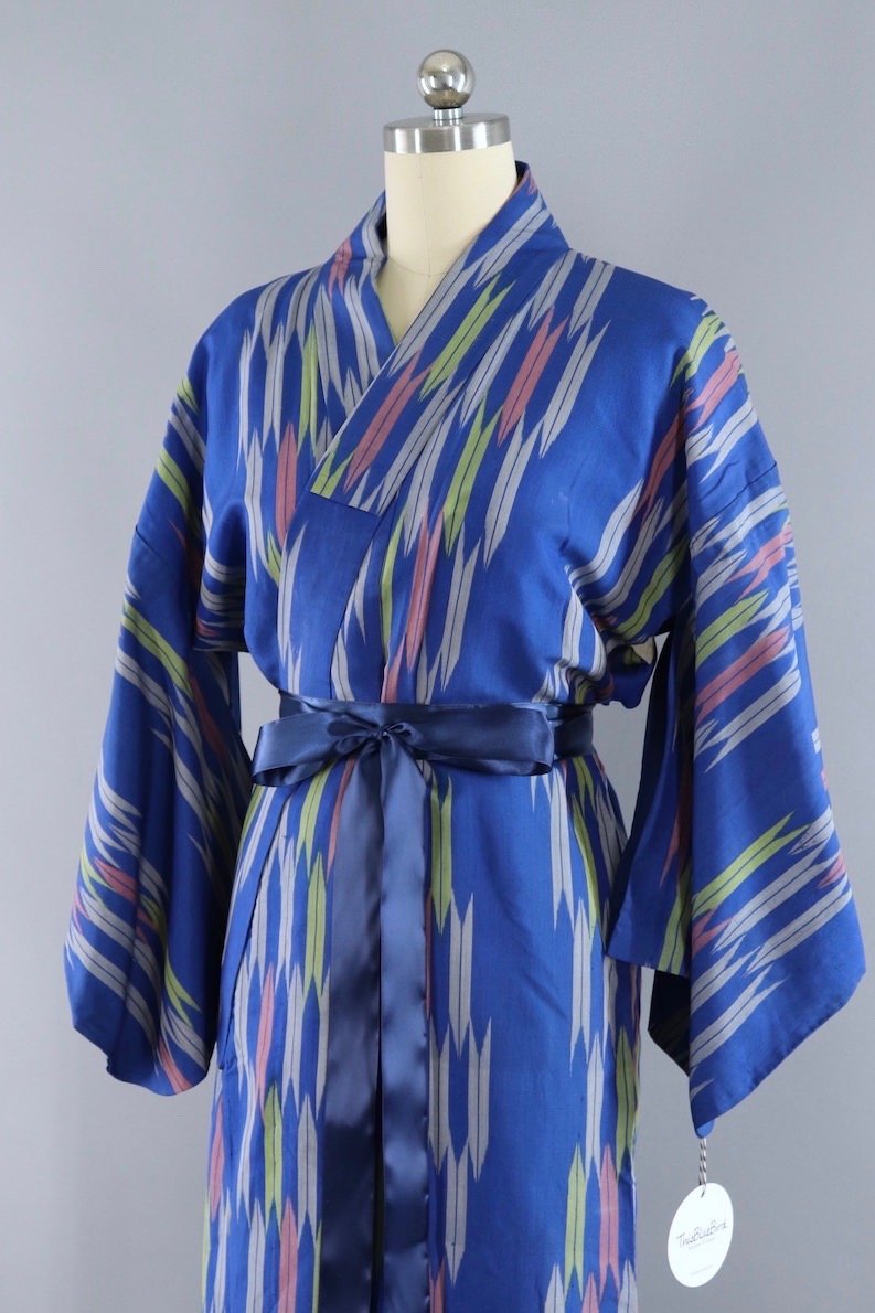 Vintage Silk Kimono Robe / Blue Ikat - ThisBlueBird
