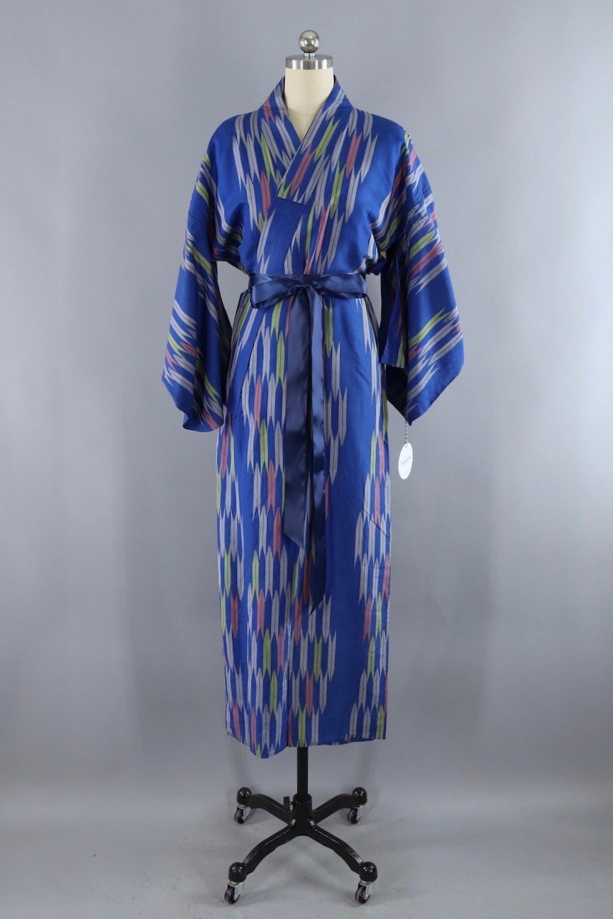 Vintage Silk Kimono Robe / Blue Ikat - ThisBlueBird