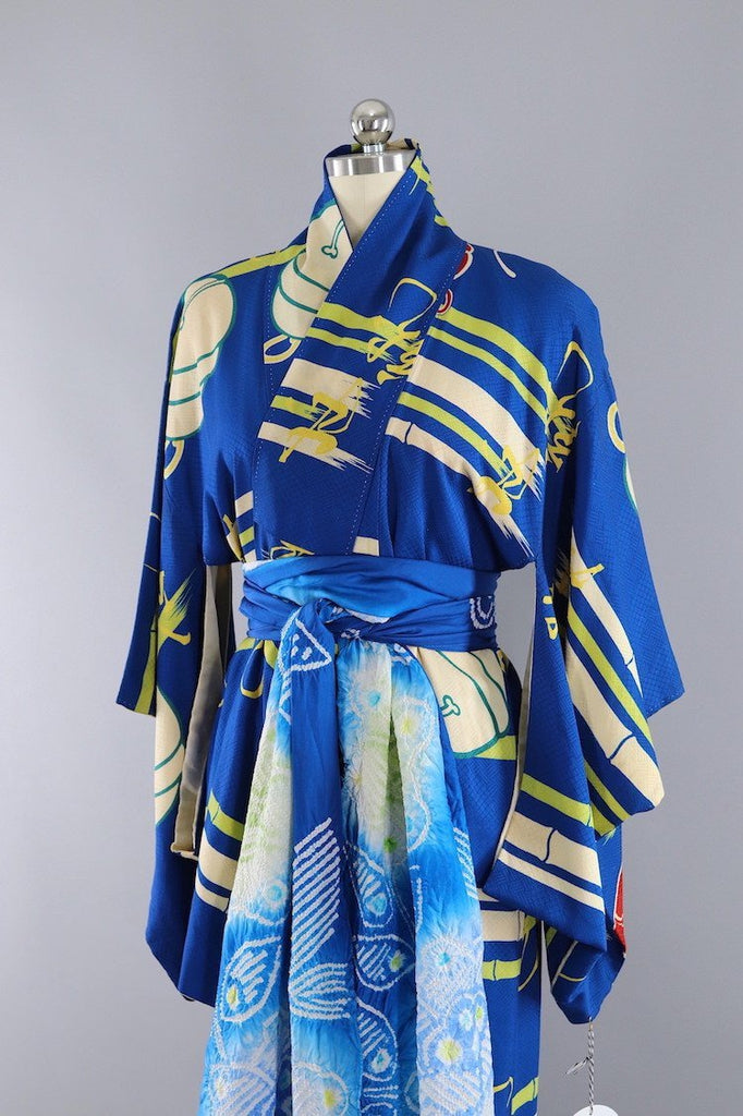 Vintage Silk Kimono Robe / Blue Jingle Bells - ThisBlueBird