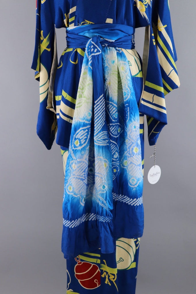 Vintage Silk Kimono Robe / Blue Jingle Bells - ThisBlueBird