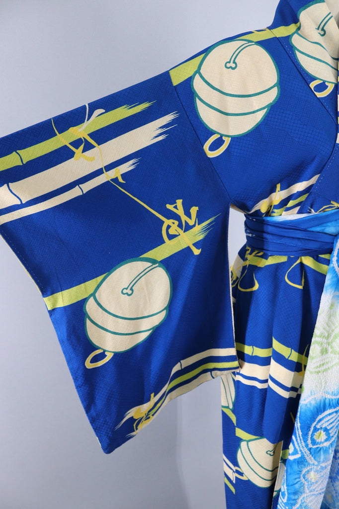 Vintage Silk Kimono Robe / Blue Jingle Bells - ThisBlueBird