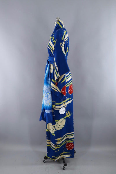 Vintage Silk Kimono Robe / Blue Jingle Bells - ThisBlueBird