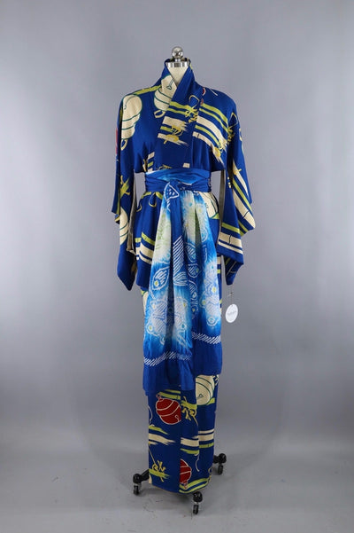 Vintage Silk Kimono Robe / Blue Jingle Bells - ThisBlueBird
