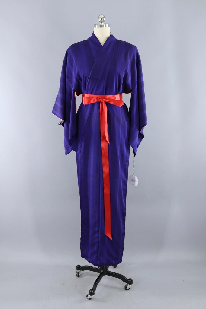 Vintage Silk Kimono Robe / Blue on Blue Stripes - ThisBlueBird