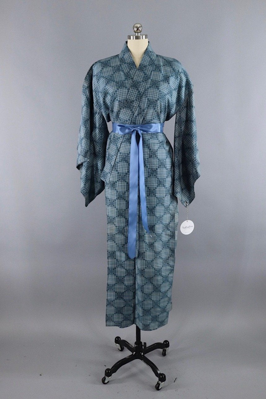 Vintage Silk Kimono Robe - Blue Plaid - ThisBlueBird