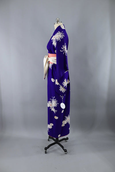 Vintage Silk Kimono Robe / Blue Purple Chrysanthemum Floral Print - ThisBlueBird