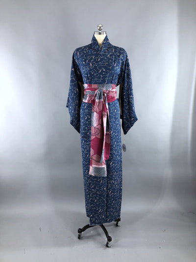 Vintage Silk Kimono Robe / Blue Vines Pink Floral - ThisBlueBird