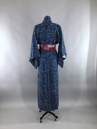 Vintage Silk Kimono Robe / Blue Vines Pink Floral - ThisBlueBird