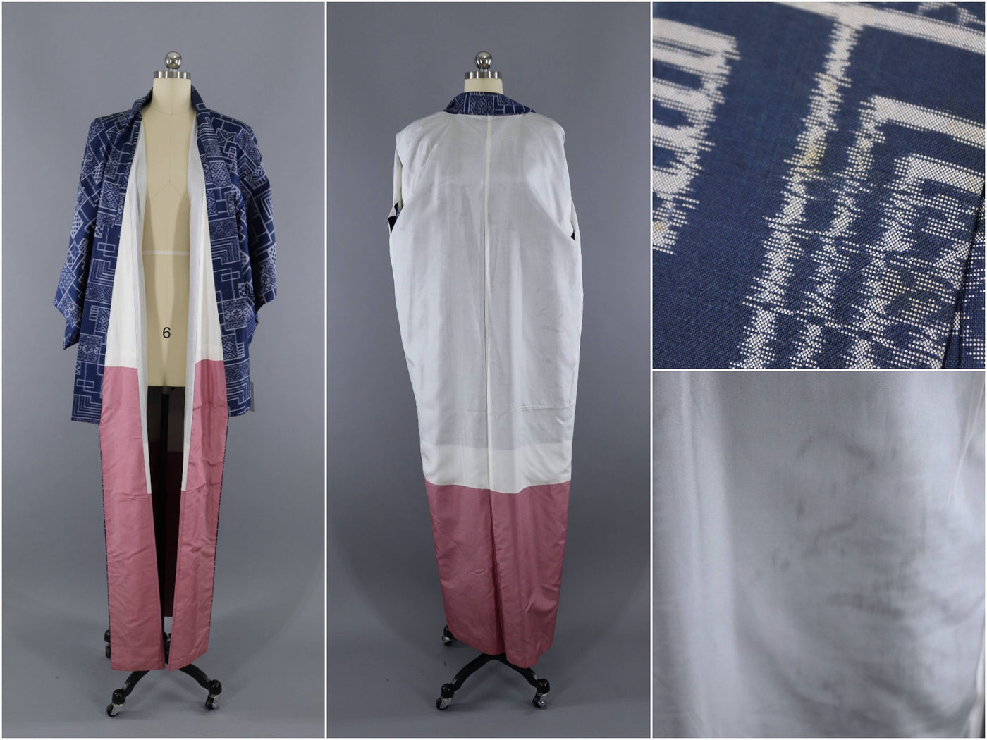 Vintage Silk Kimono Robe / Blue White Ikat - ThisBlueBird