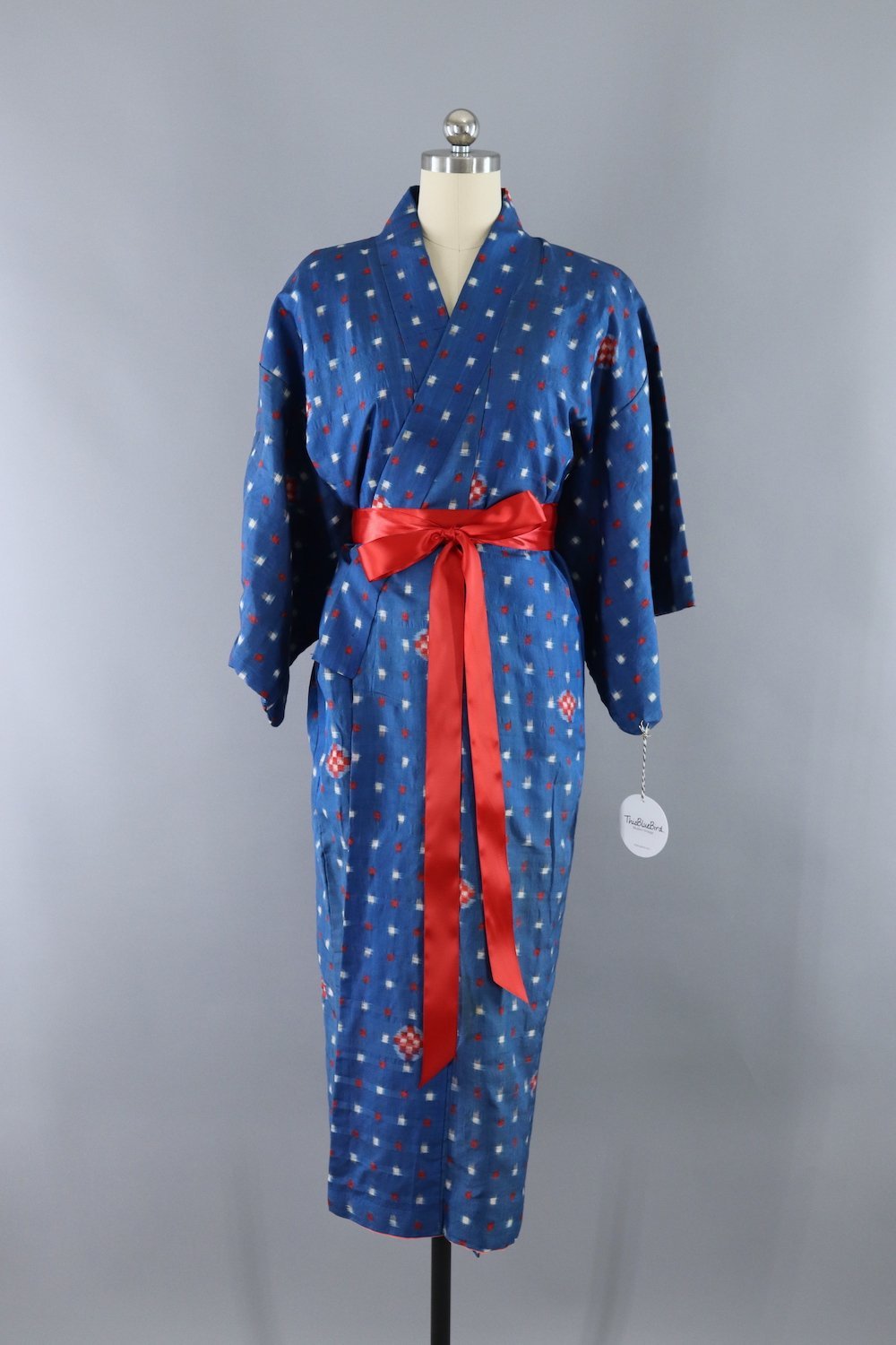 Vintage Silk Kimono Robe / Blue, White & Red Ikat Dots - ThisBlueBird
